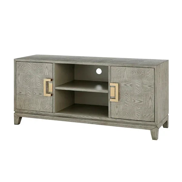 Grey wood TV unit with two cabinets, open shelving, and gold square handles