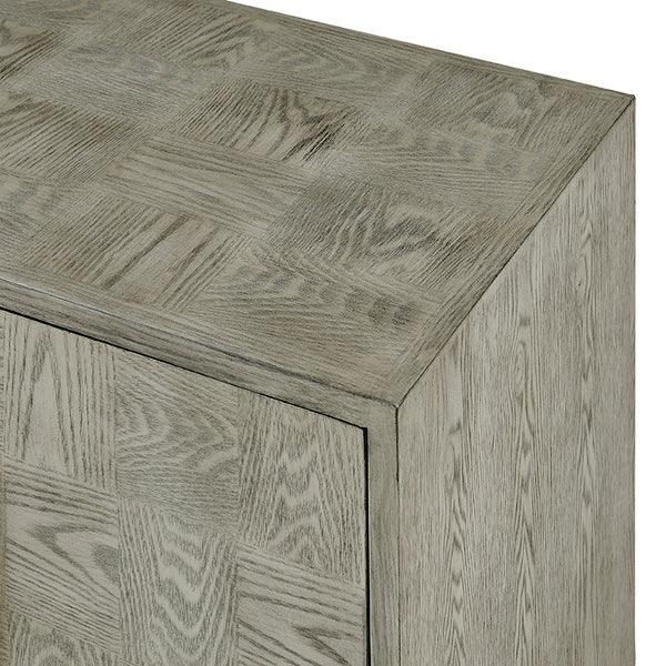Close detail of oak sideboard with parquet wood grain texture and natural finish