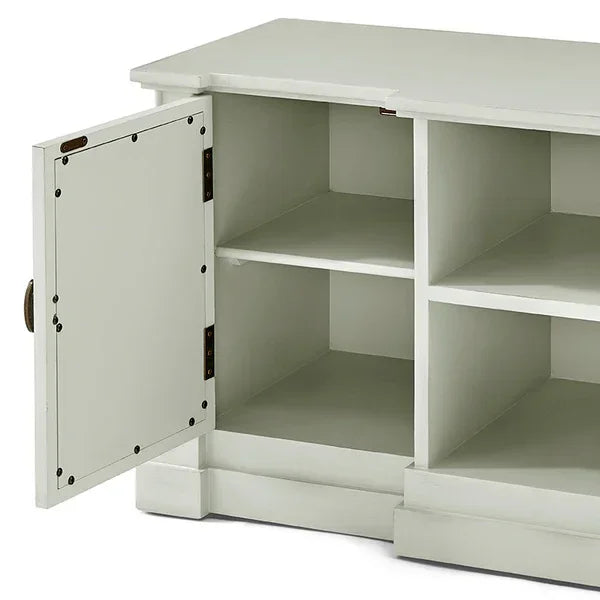 White wooden sideboard with open cupboard and shelves, front left angle view