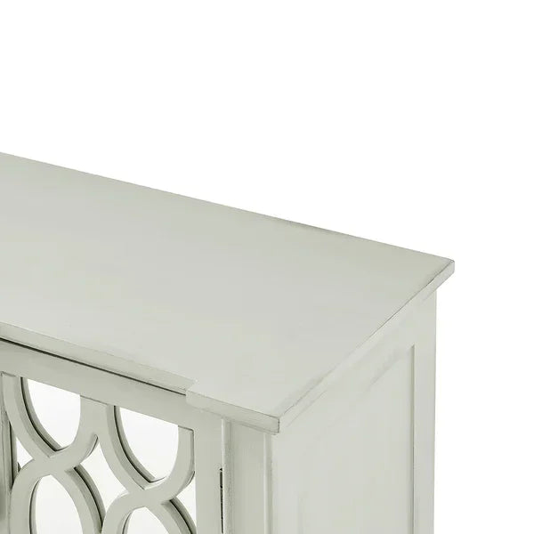 White console table with decorative panel detail and smooth rectangular top