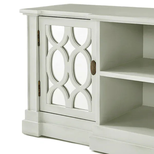 White wooden sideboard with mirrored cabinet door and open storage shelves