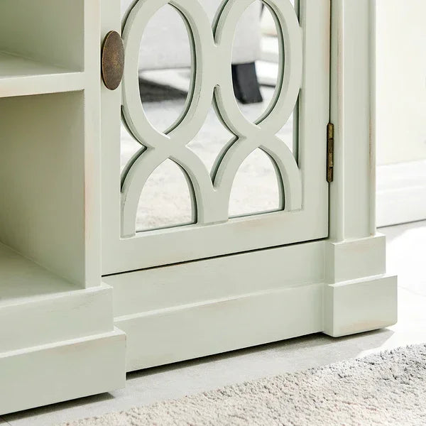 Cream wood sideboard cabinet with mirrored door and geometric lattice detail