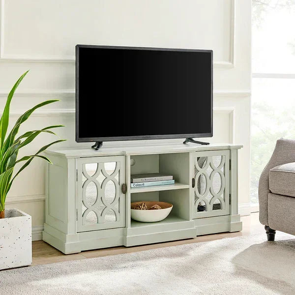 Light wood TV unit with mirrored cabinet doors and open shelving in living room