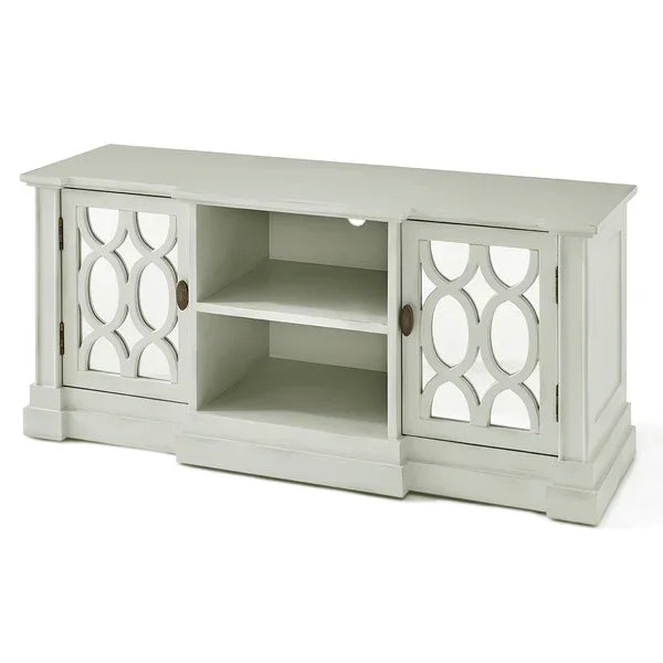 White wooden TV unit with glass panel doors and open shelving, front view