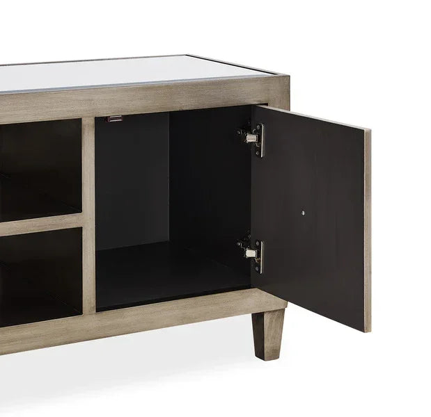 Wooden sideboard with open storage cabinet and shelves, neutral finish