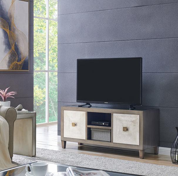 Modern wooden TV unit with cream doors and open shelves in living room setting