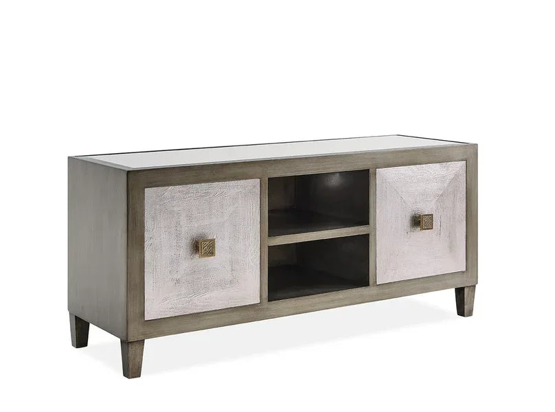 Modern wooden sideboard with two square doors and open shelves in grey and white finish