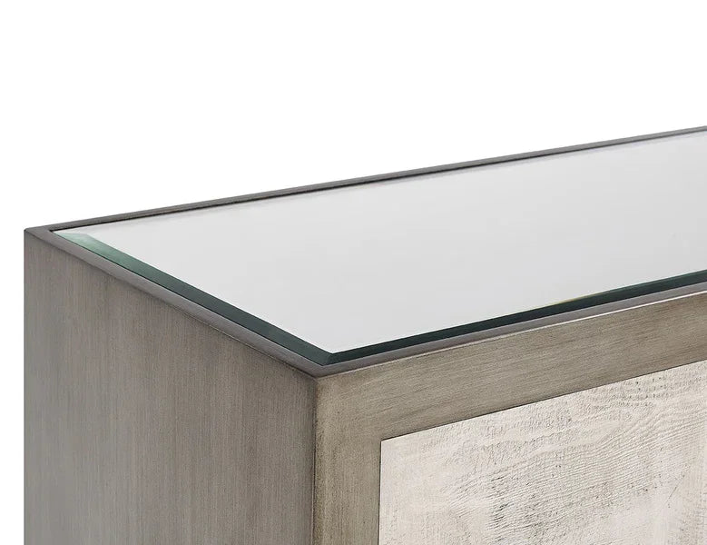 Grey wood sideboard with glass top closeup