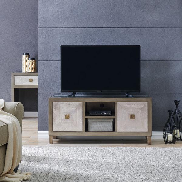 Modern wooden TV unit with two cream doors and open shelving in a living room setting
