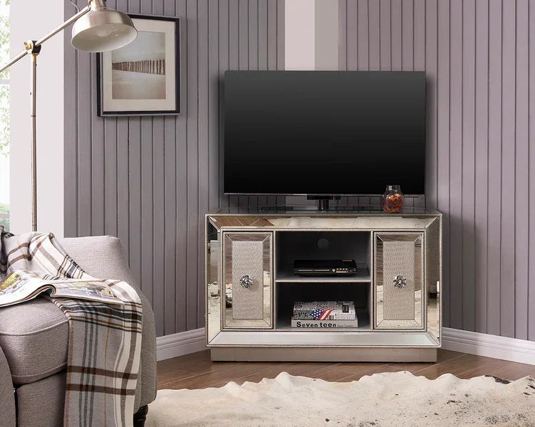 Mirrored TV unit with shelves and two cabinets in modern living room setting