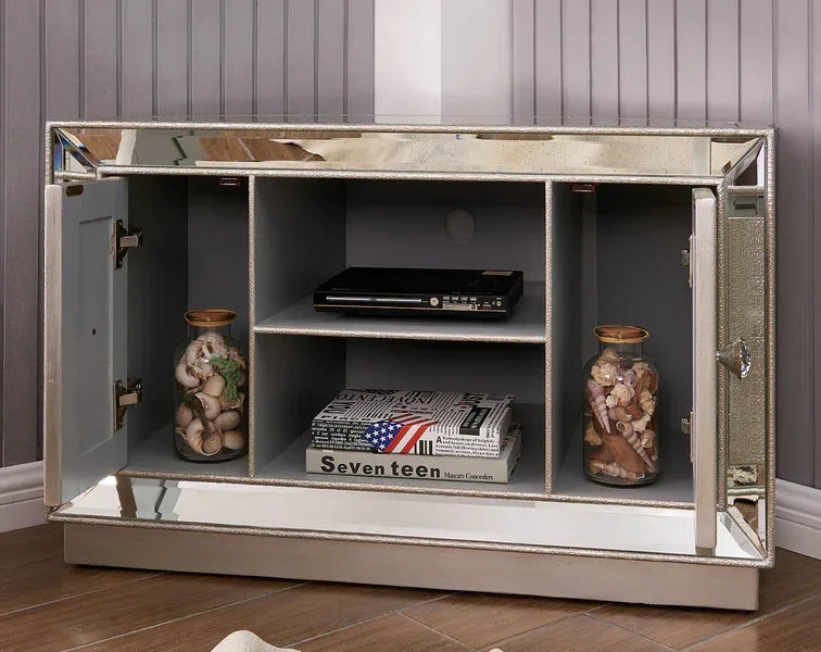 Mirrored sideboard cabinet with open doors, display shelves, and decorative glass jars