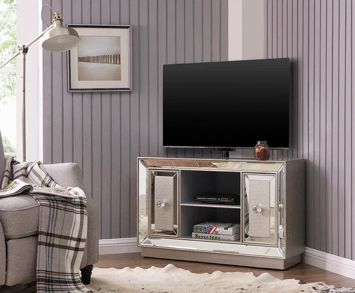 Mirrored TV unit with storage shelves and cabinets in modern living room setting