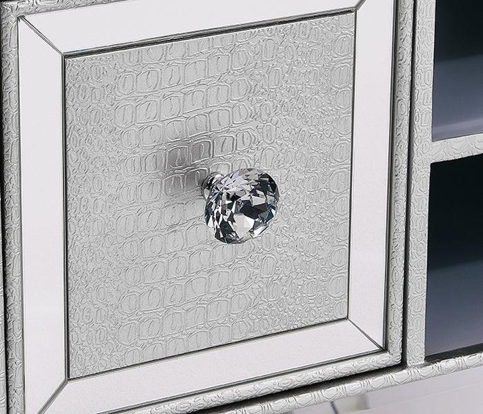 Silver textured drawer front with crystal knob and mirrored trim