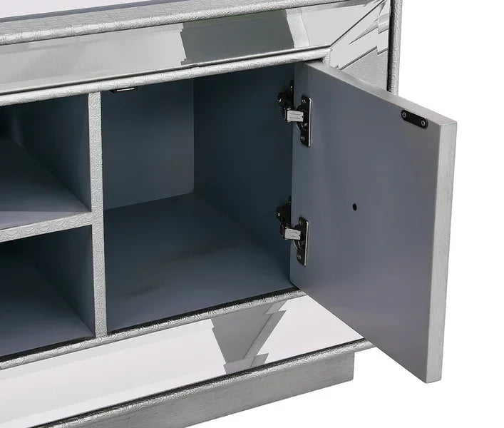 Mirrored sideboard cabinet with open door and interior shelving compartments