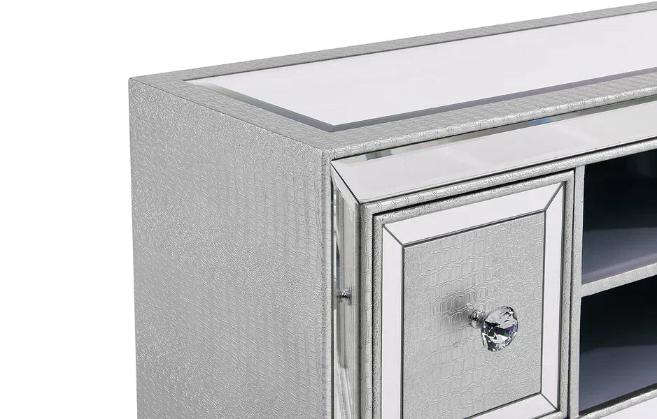 Silver mirrored sideboard with textured finish and crystal drawer handle close-up