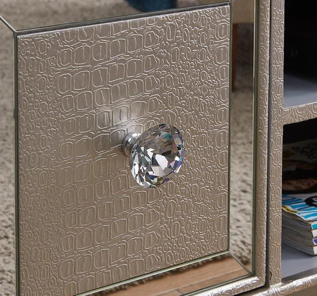 Textured silver cabinet door with crystal handle and mirrored edge detail