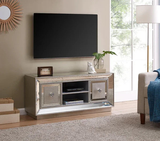Mirrored TV unit with storage shelves and two cabinets in modern living room setting
