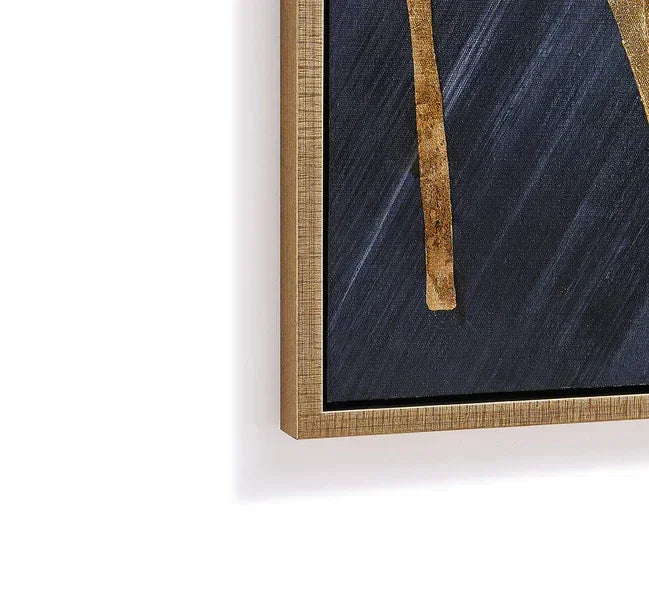 Abstract wall art with gold accents and black background in a textured gold frame