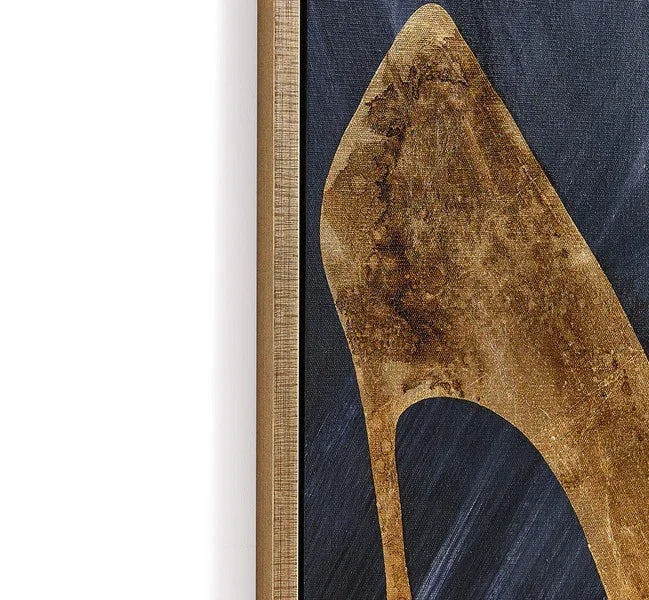 Gold high heel wall art with textured finish in a black and gold frame