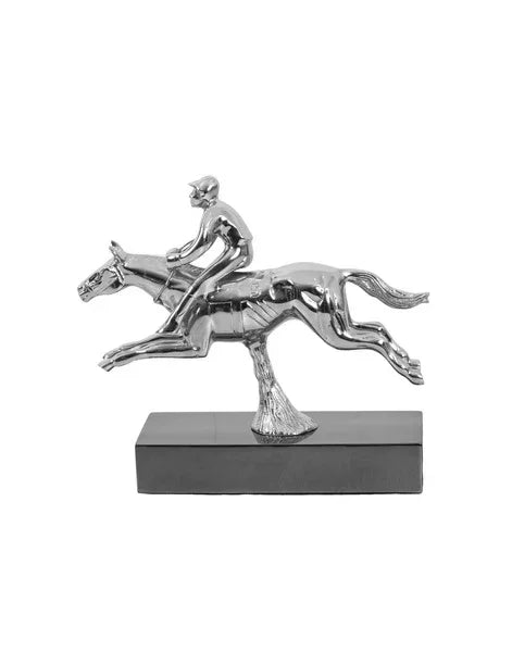 Silver horse and jockey ornament on rectangular black base, side profile view