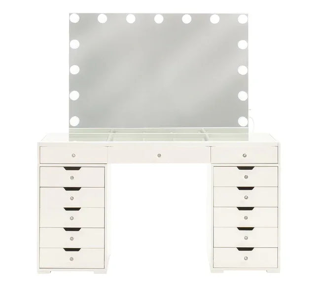 White vanity dressing table with large mirror and bulbs, multiple storage drawers visible