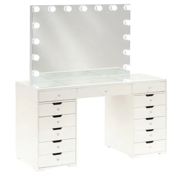 White dressing table with illuminated mirror and multiple storage drawers