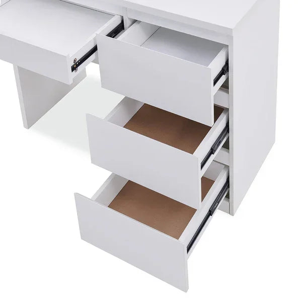 White wooden chest of drawers with open storage compartments and smooth sliding rails