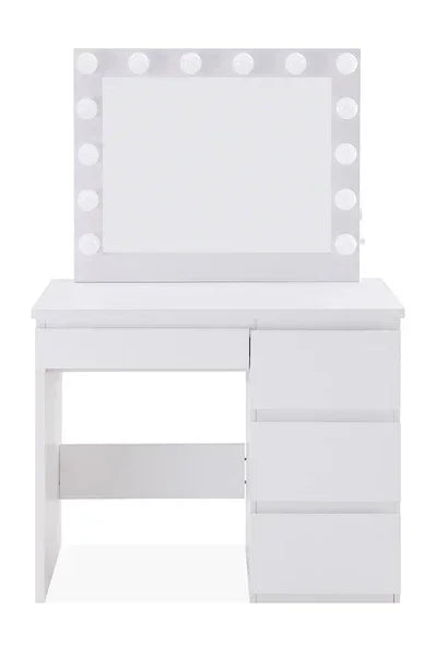 White dressing table with light-bulb mirror surround, one drawer and shelf on one side, three drawers on the other