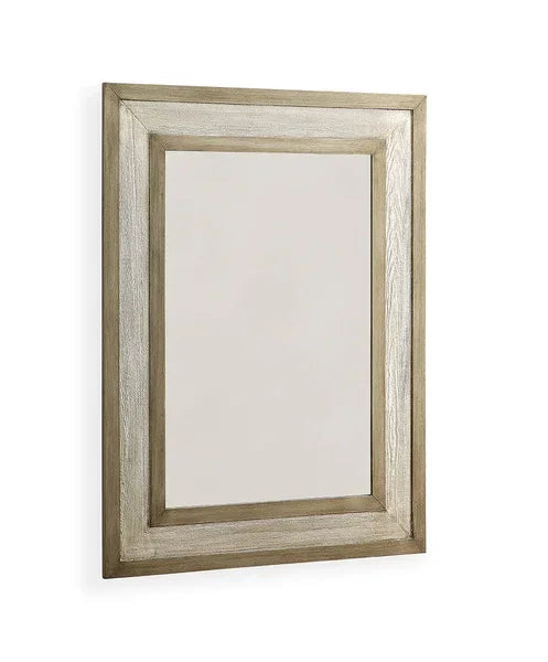 Rectangular wall mirror with wide wood frame and natural finish against white background
