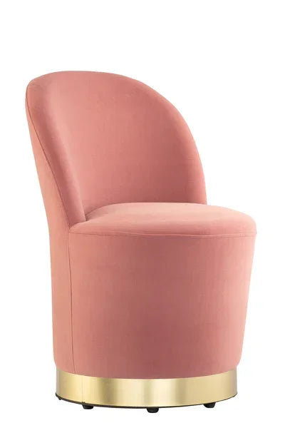 Pink velvet accent chair with curved back and gold metal base
