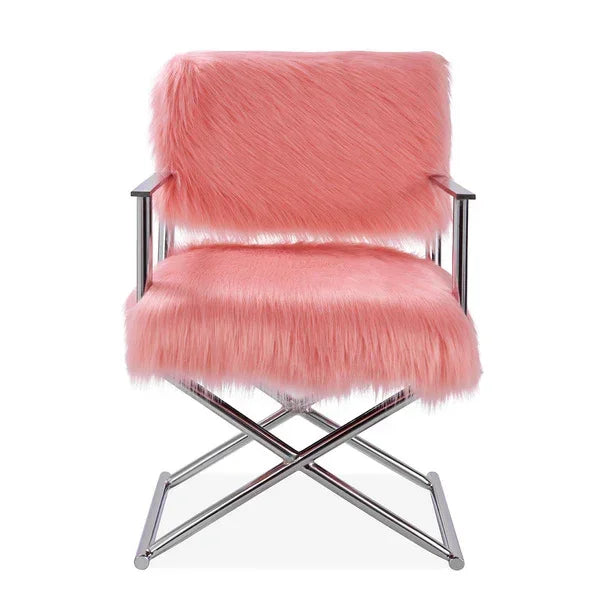 Pink faux fur accent chair with chrome metal frame and arms, front view