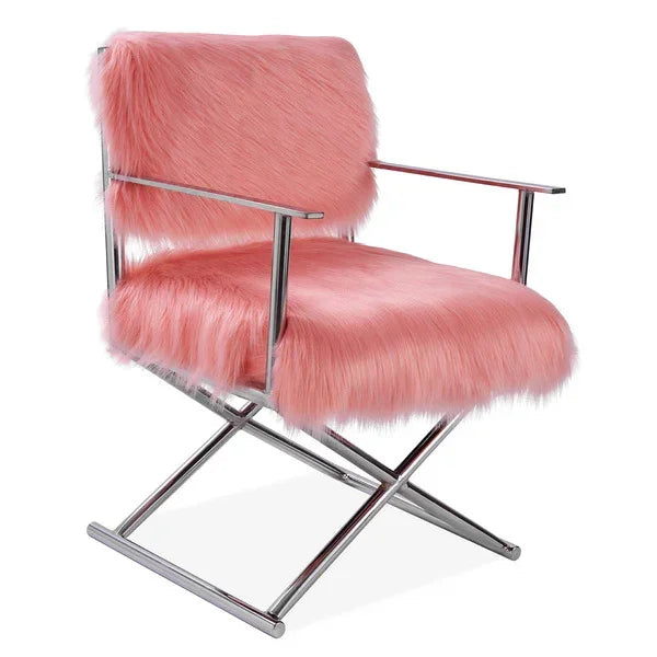Pink faux fur accent chair with chrome metal frame and armrests