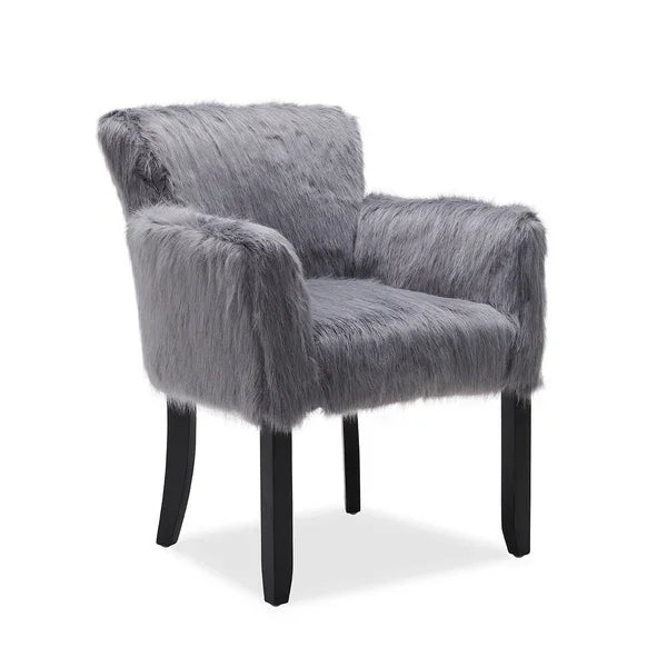 Grey faux fur accent chair with black wooden legs and armrests