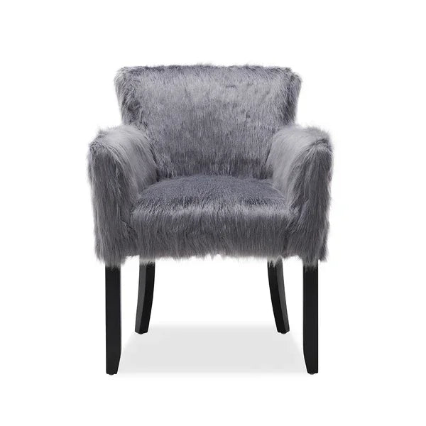 Grey faux fur accent chair with black wooden legs and armrests front view