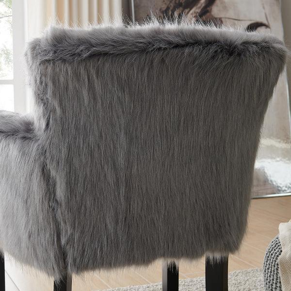 Grey faux fur dining chair with high back and black legs in modern interior setting