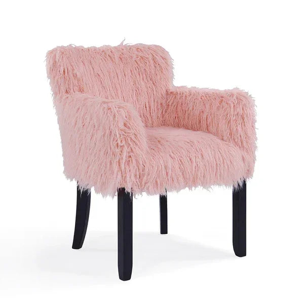 Pink faux fur accent chair with armrests and dark wooden legs
