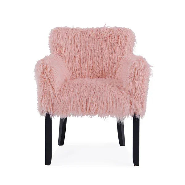 Pink faux fur accent chair with black wooden legs, front view