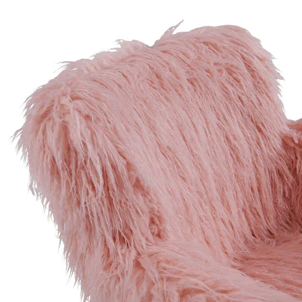 Pink faux fur accent chair with plush texture, angled view of seat and backrest