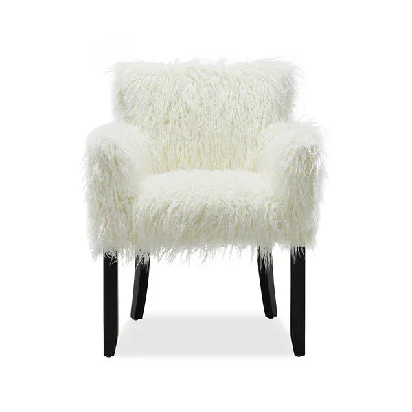 White faux fur accent chair with black wooden legs, front view