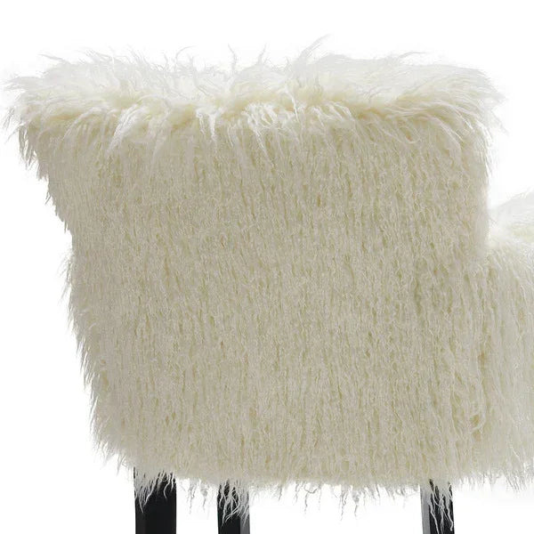 Cream faux fur dining chair with textured upholstery and dark wooden legs