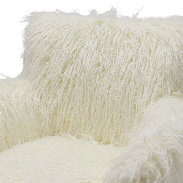 Cream faux fur accent chair closeup showing textured upholstery on backrest and seat