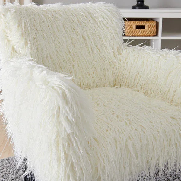 Cream faux fur accent chair with textured upholstery in modern living room