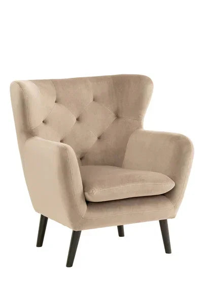 Beige fabric armchair with button-tufted back and angled wooden legs