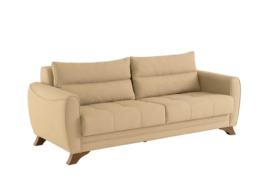 Beige fabric sofa with cushioned seats and wooden legs, front angle