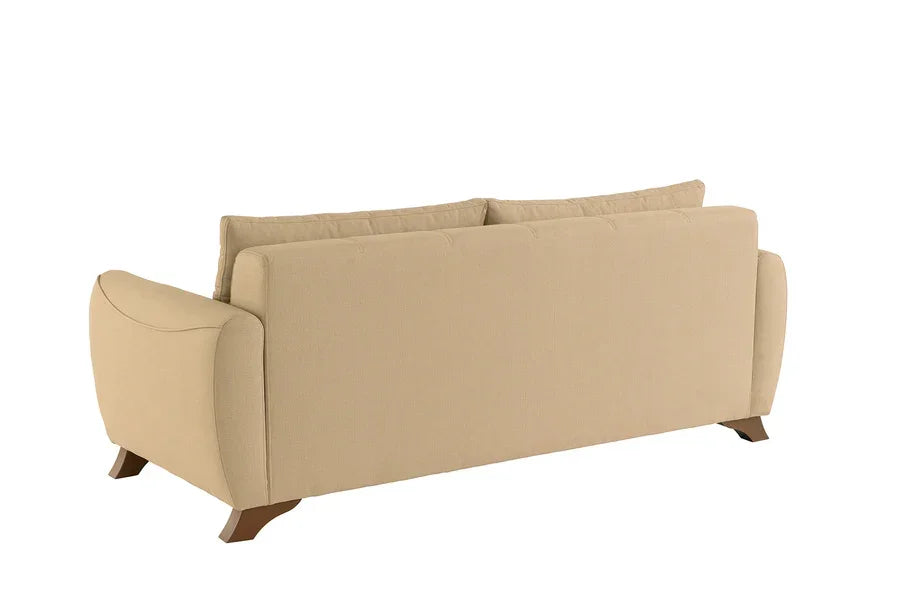 Beige fabric sofa with curved armrests and wooden legs, rear view