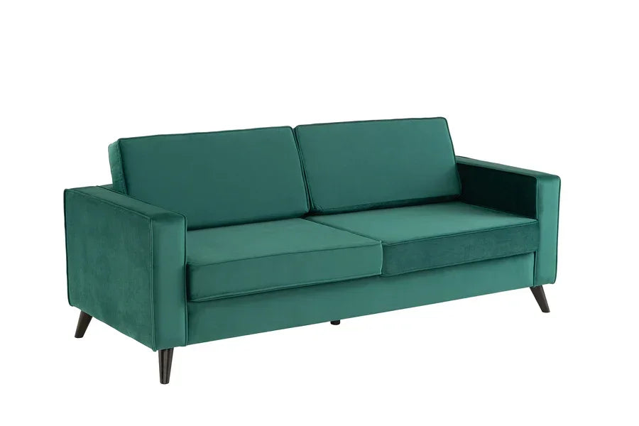 Green velvet sofa with straight arms and tapered wooden legs on white background