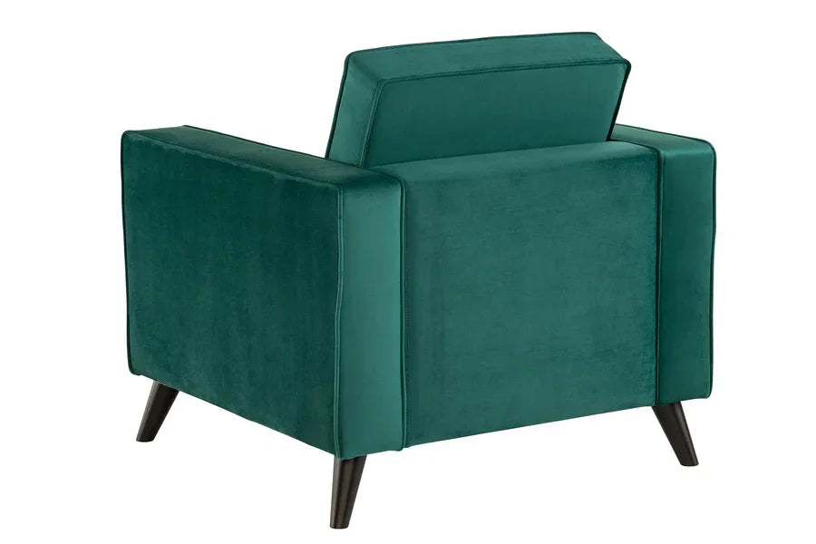 Teal velvet armchair rear view with slim black legs and boxy contemporary shape