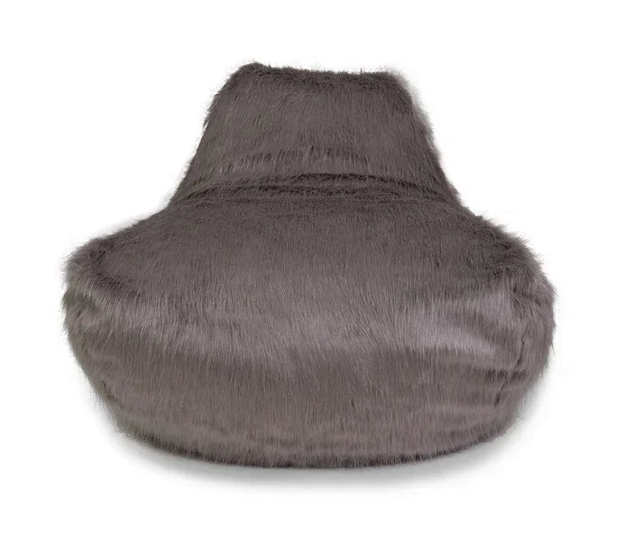 Grey faux fur bean bag chair with high backrest, front view