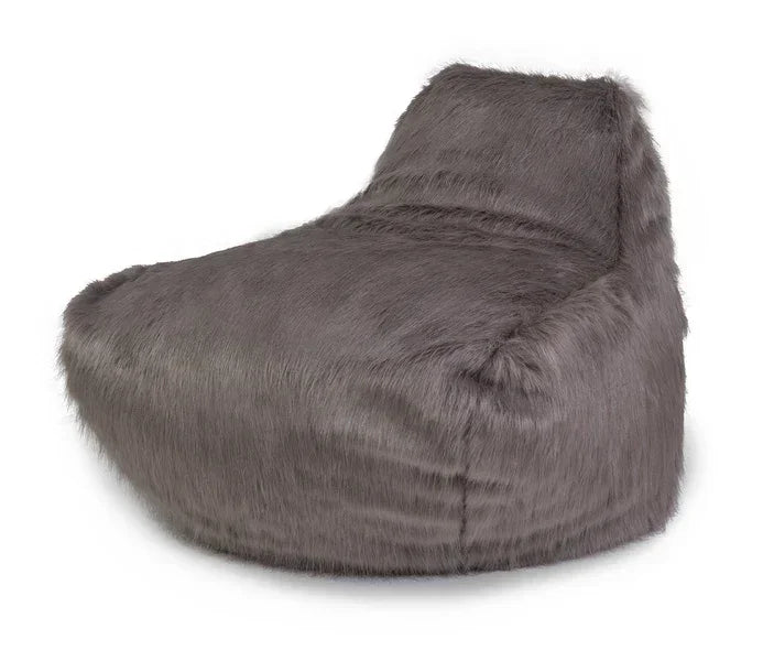 Grey faux fur bean bag chair with supportive backrest on white background