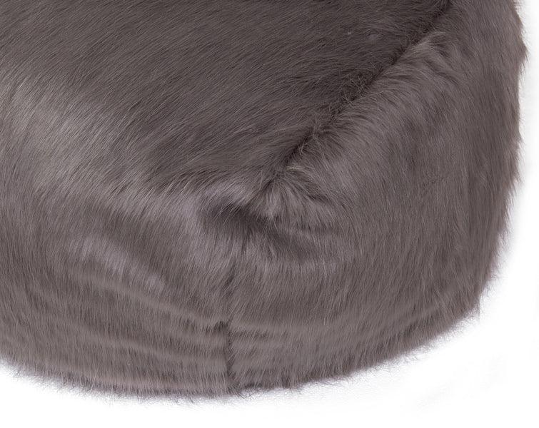 Grey faux fur bean bag chair close-up showing soft texture and rounded shape